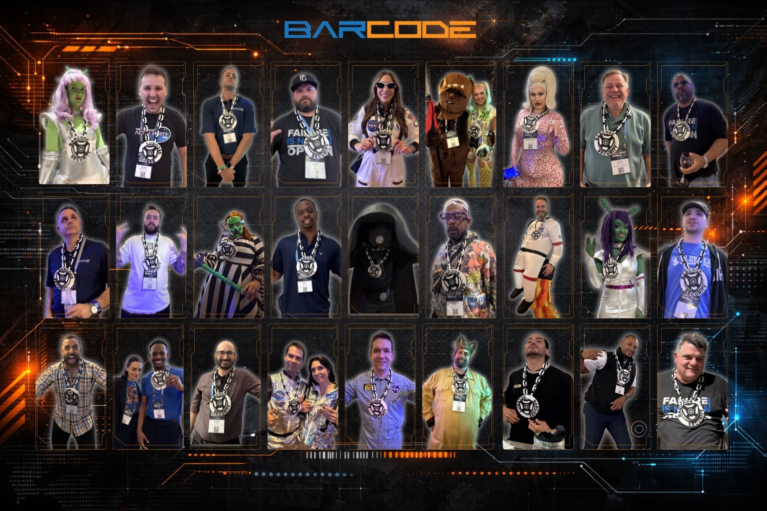 BarCode community members wearing the BarCode badge at conferences